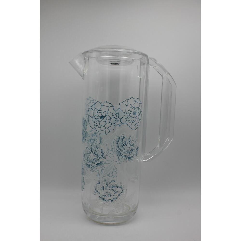 Vtg Culver Lucite MCM‎ Clear With Blue Flowers Drink Pitcher w/ Lid